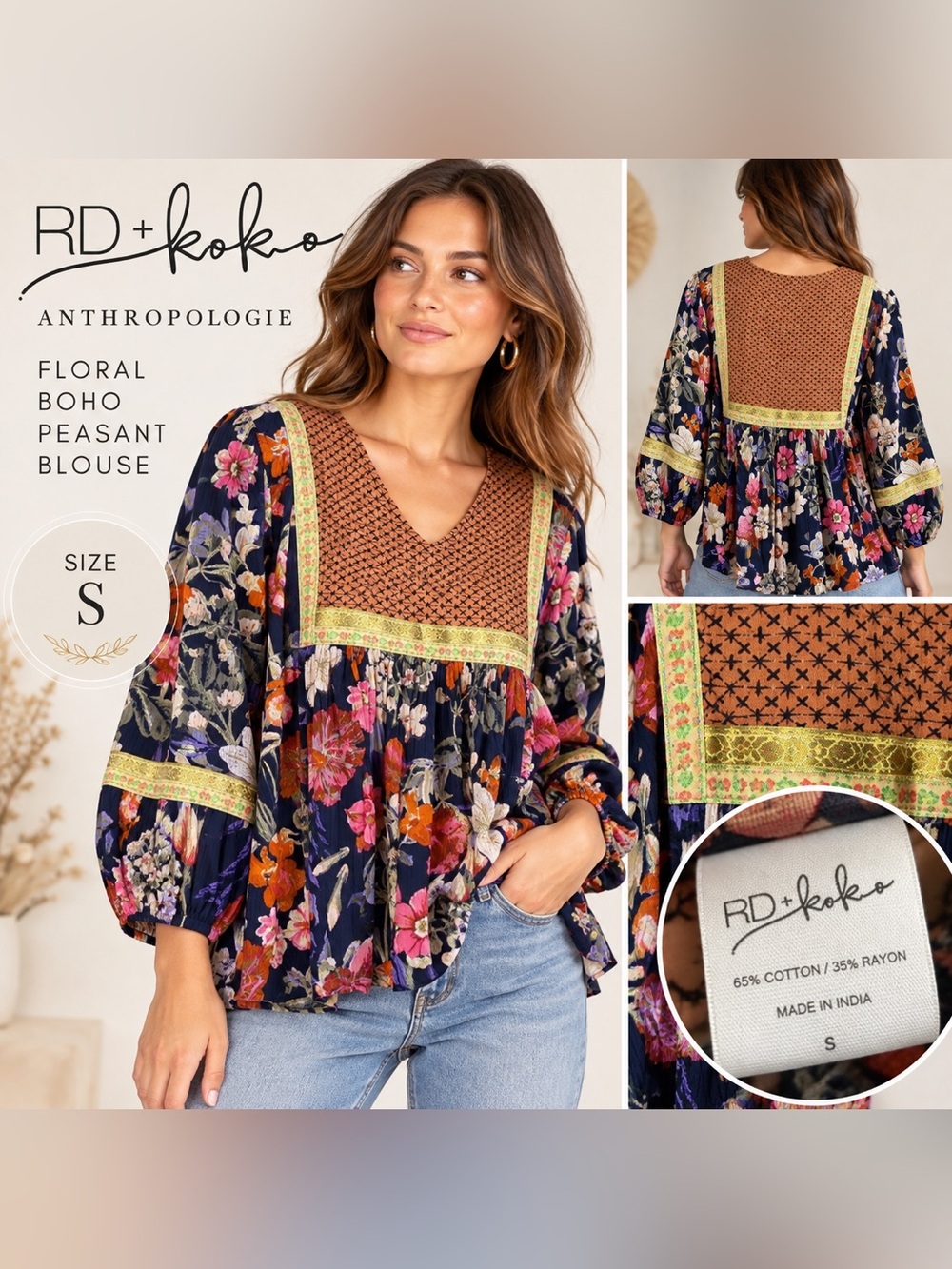 RD + Koko Anthropologie Floral Boho Peasant Blouse Women’s Size S